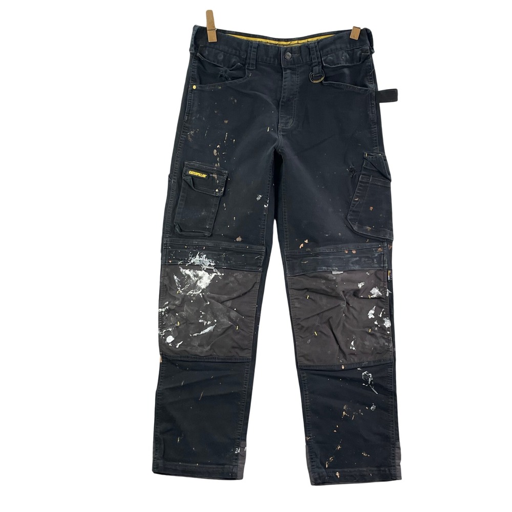 Caterpillar Cargo Work Pants Men 32x30 Black Paint Splatter Cordura Knee Utility